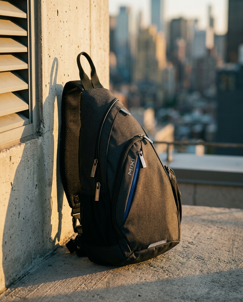 Sling & Crossbody — MONTRAVE sling backpack against a concrete wall on a rooftop at golden hour