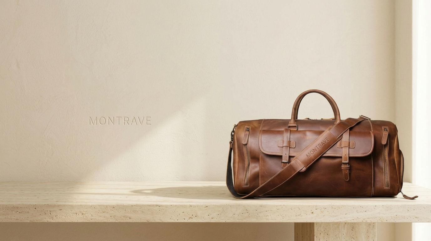 Leather Goods — MONTRAVE vintage leather duffel with embossed wordmark on a travertine console