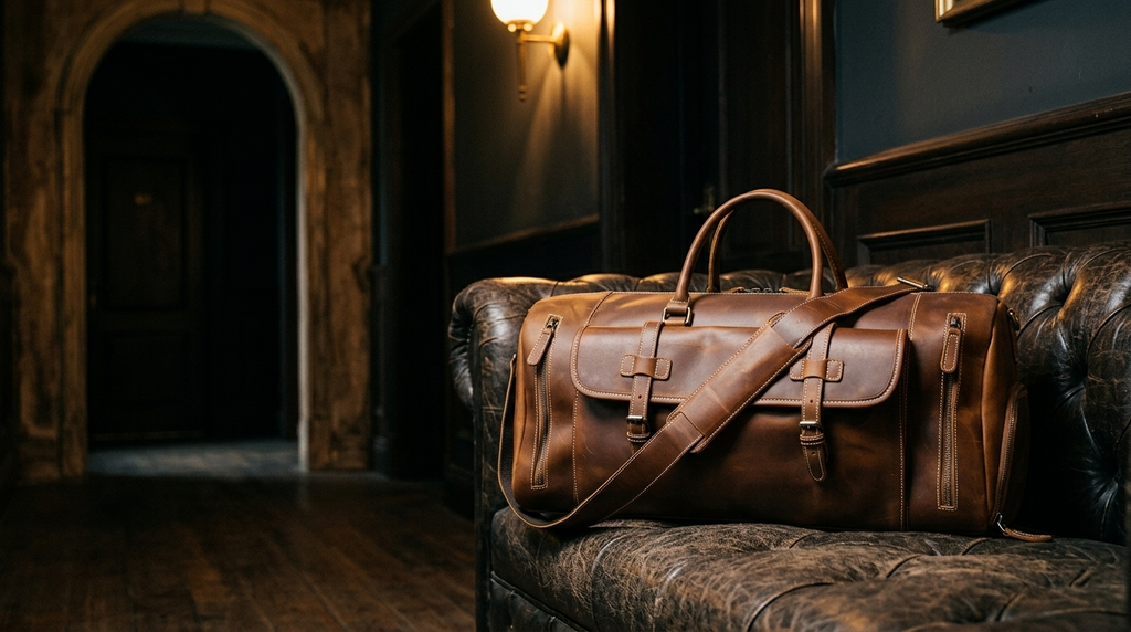 MONTRAVE Vintage Leather Duffel — editorial campaign photo in a heritage hotel corridor