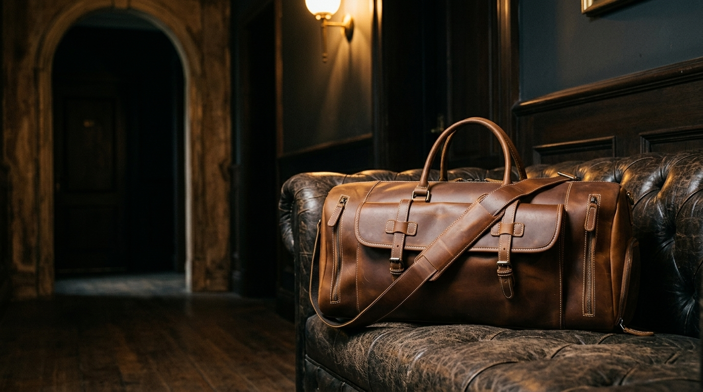 MONTRAVE Vintage Leather Duffel — editorial campaign photo in a heritage hotel corridor