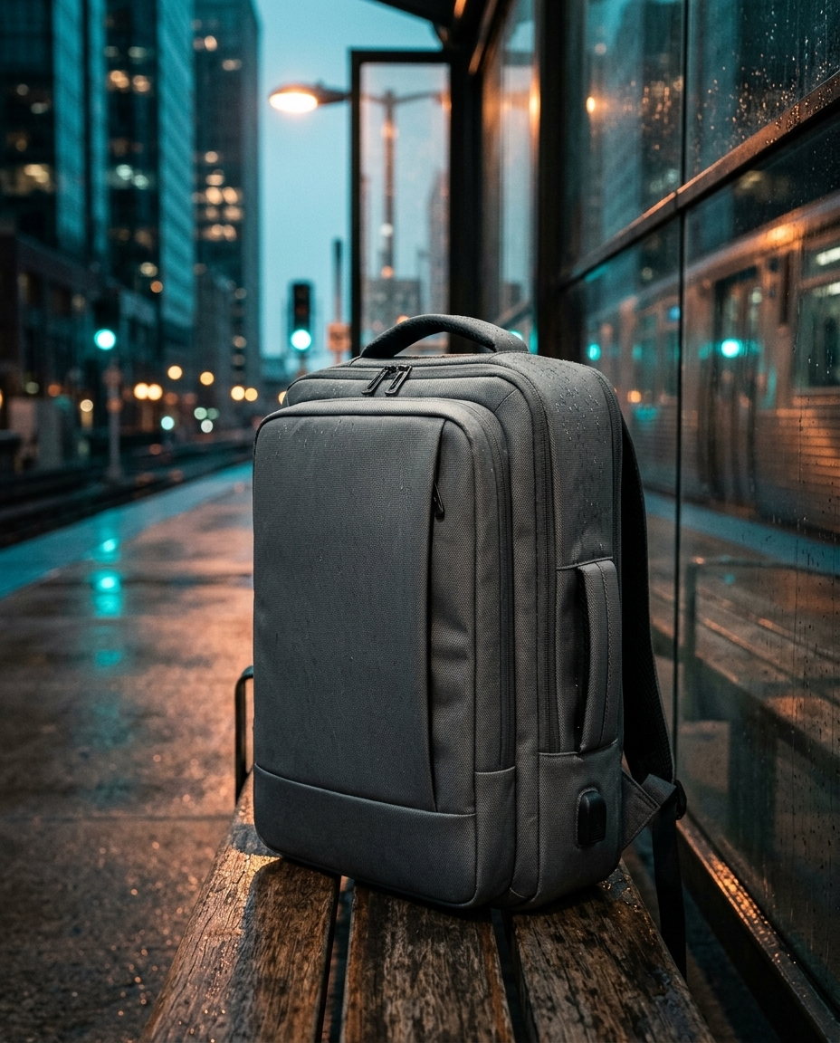 MONTRAVE Metro Commuter Backpack — editorial campaign photo on a rain-slicked train platform at dusk