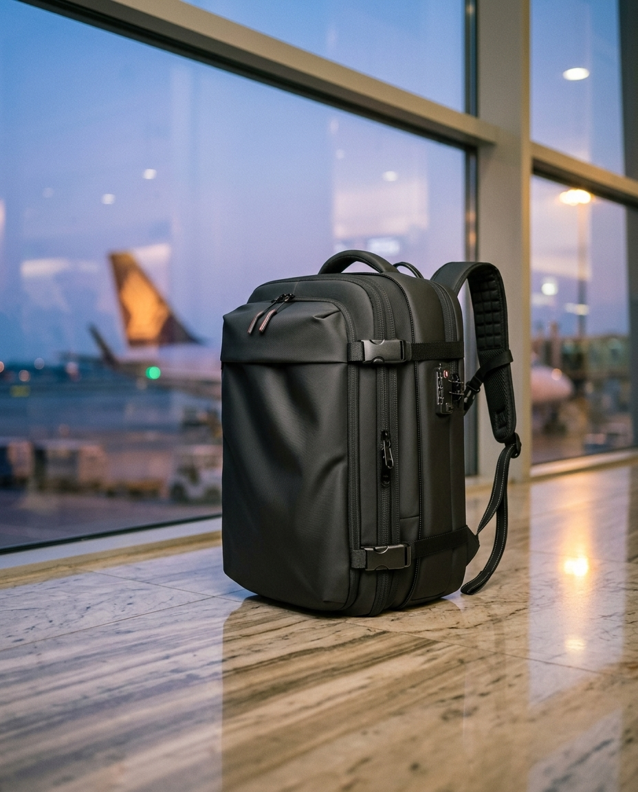 MONTRAVE Compression Travel Backpack — editorial campaign photo