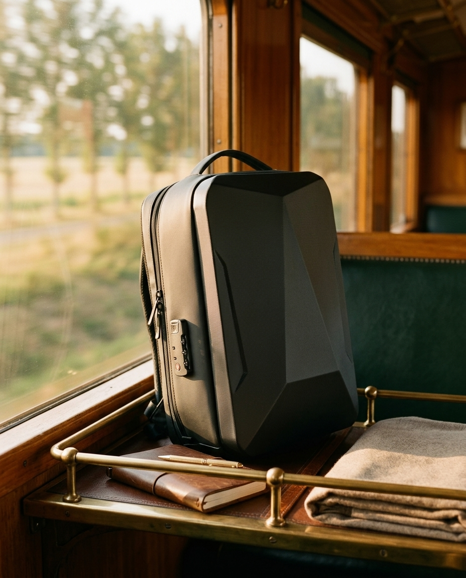 MONTRAVE Expandable Hard-Shell Backpack — editorial campaign photo